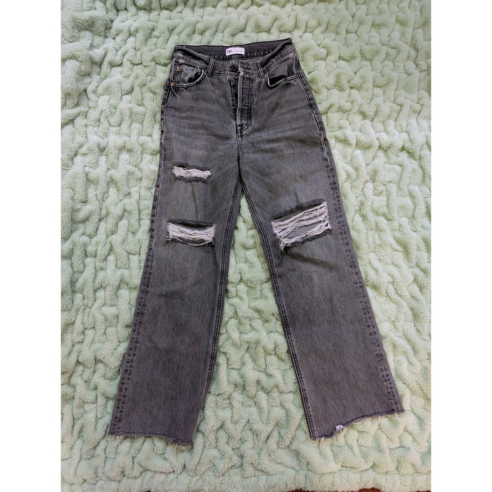 ZARA Gray Distressed Wide Leg Jeans Button Fly High Waist Raw Hem Grunge‎ Sz 4